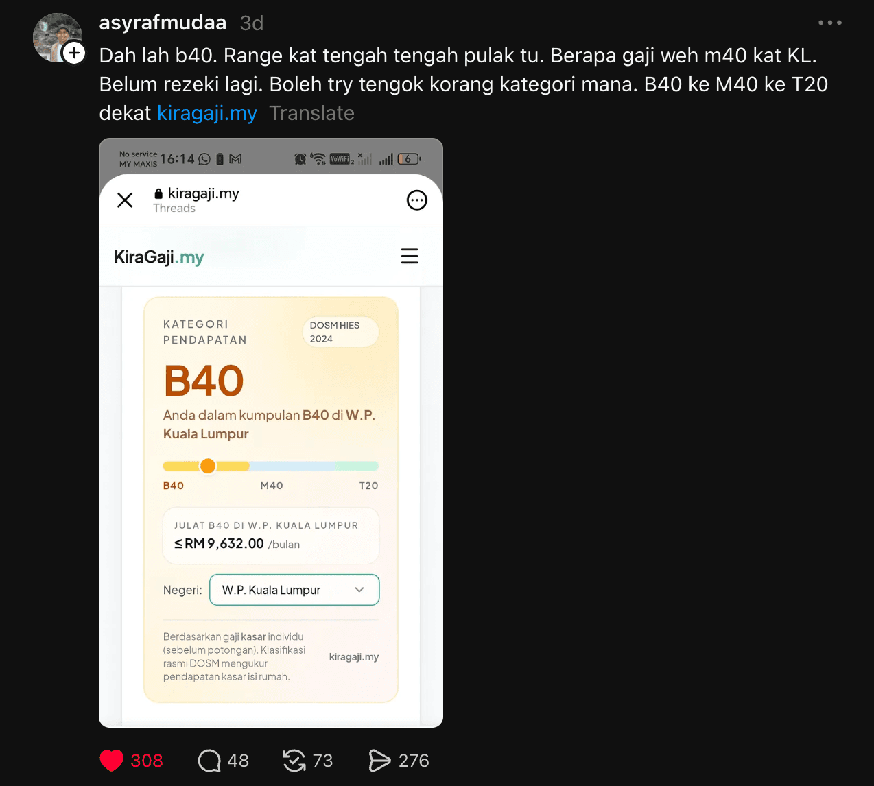 Pengguna @asyrafmudaa di Threads kongsi keputusan B40 di W.P. Kuala Lumpur dari KiraGaji.my