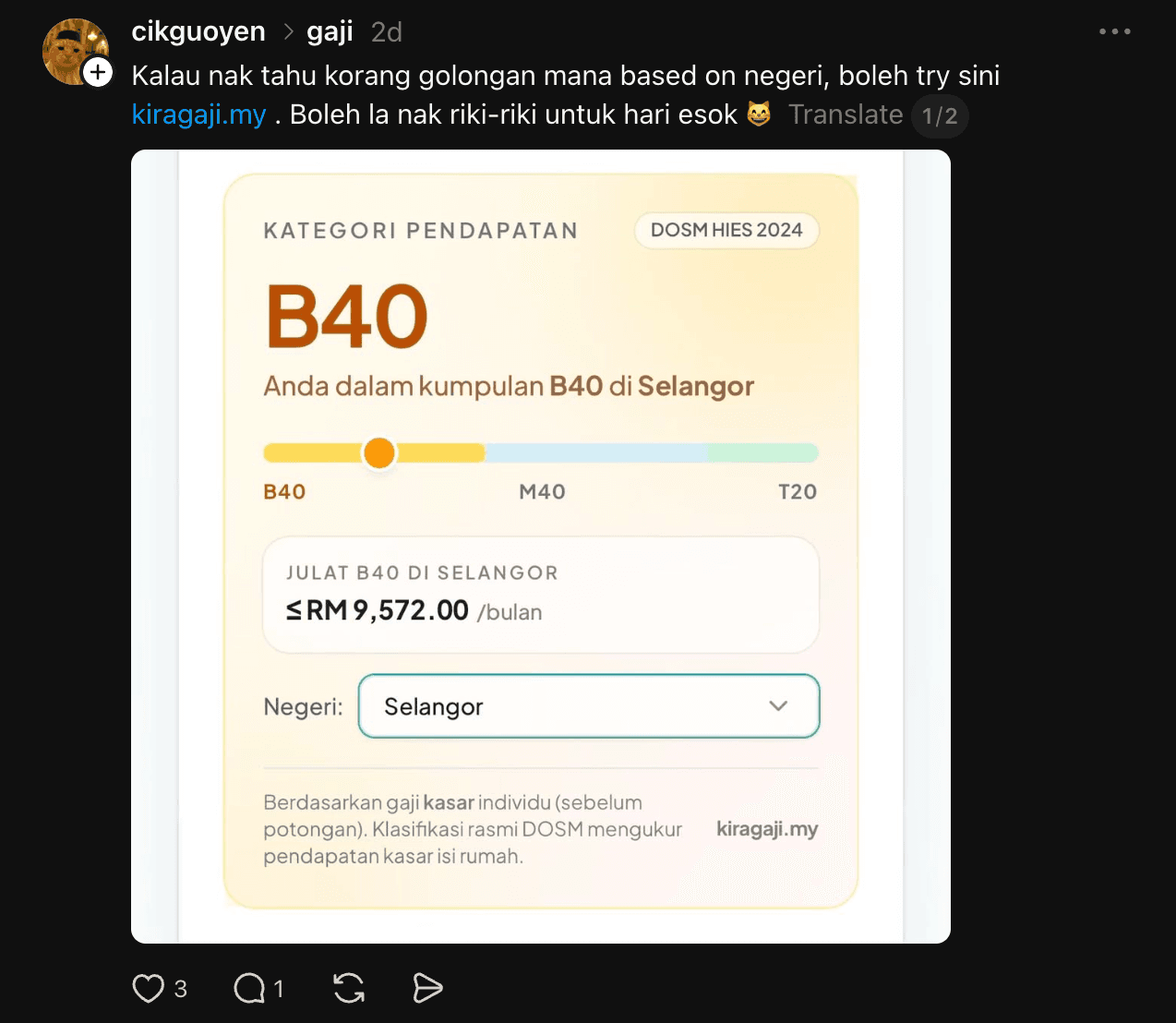 Pengguna @cikguoyen di komuniti Threads gaji kongsi keputusan B40 di Selangor dari KiraGaji.my